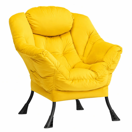 Fauteuil relax, en acier et velours, coloris jaune, pour le salon