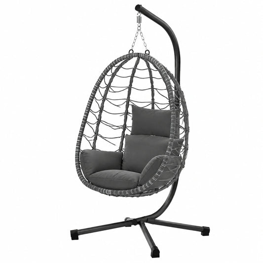 Balancelle de jardin, avec coussin, pliable, réglable, en résine tressée, coloris gris, pour la terrasse ou le jardin